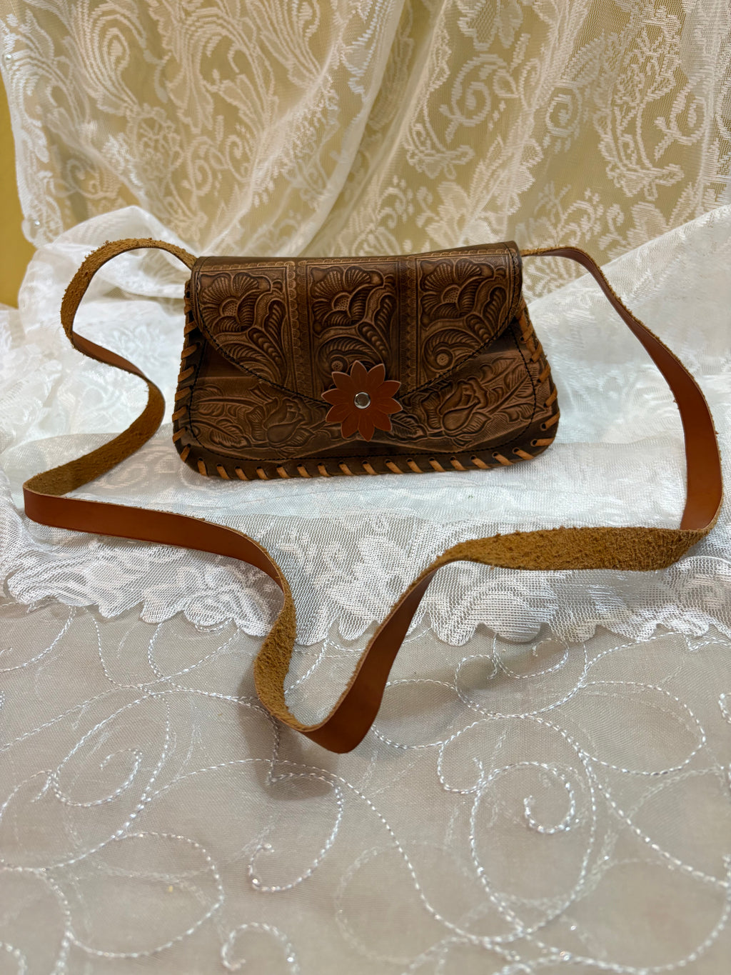 Brown Tooled Floral Leather Crossbody Purse