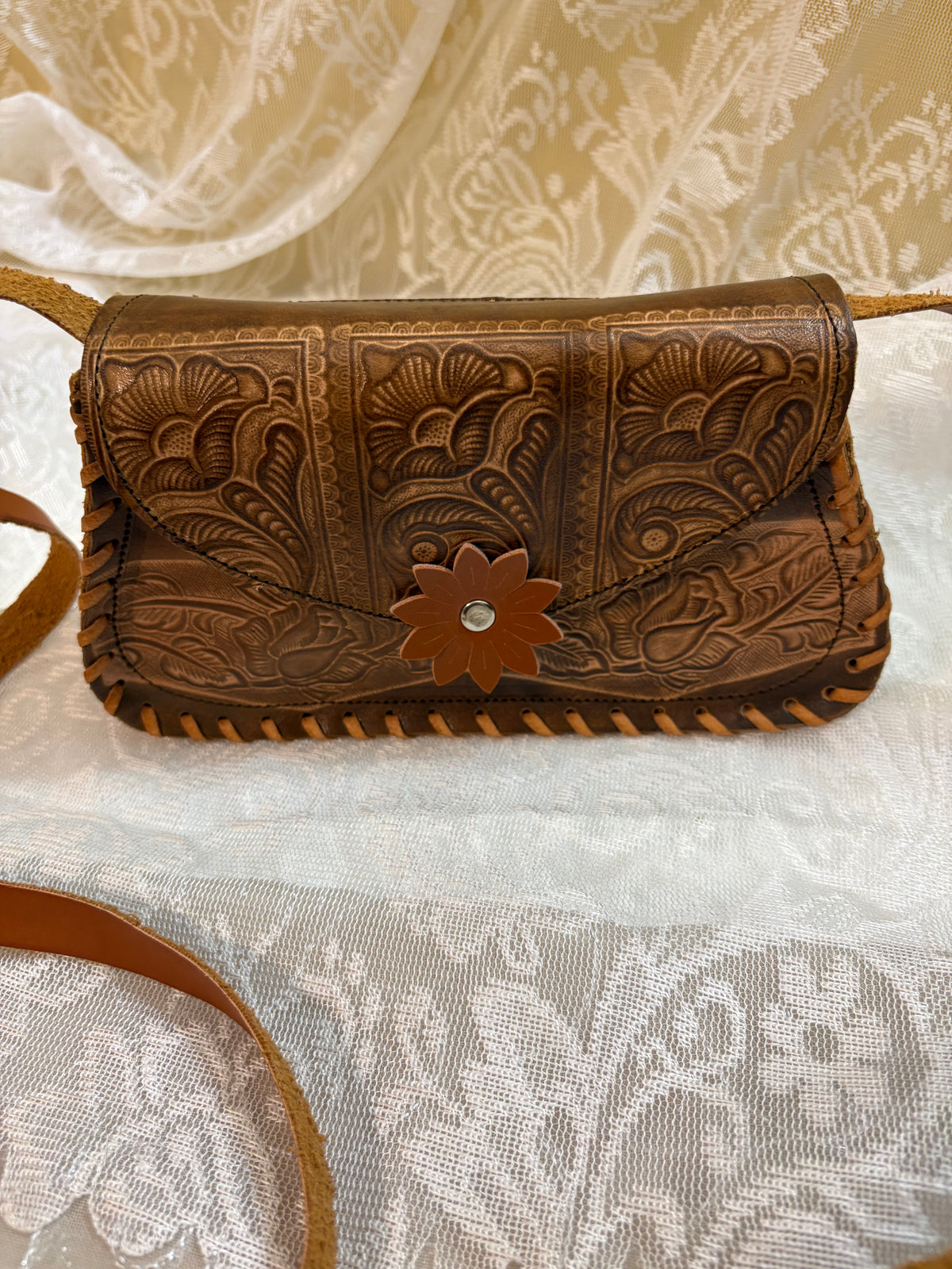 Brown Tooled Floral Leather Crossbody Purse