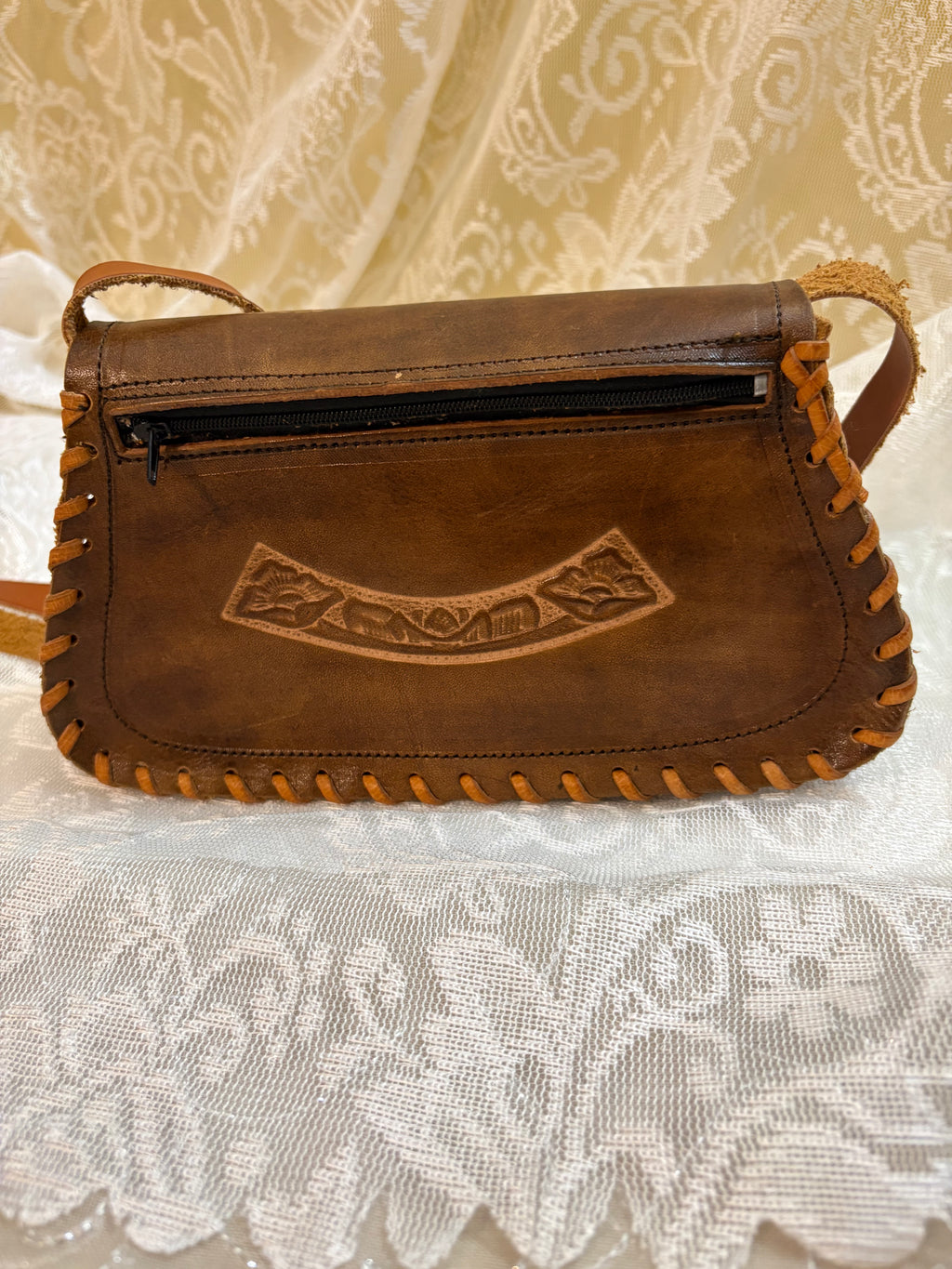Brown Tooled Floral Leather Crossbody Purse