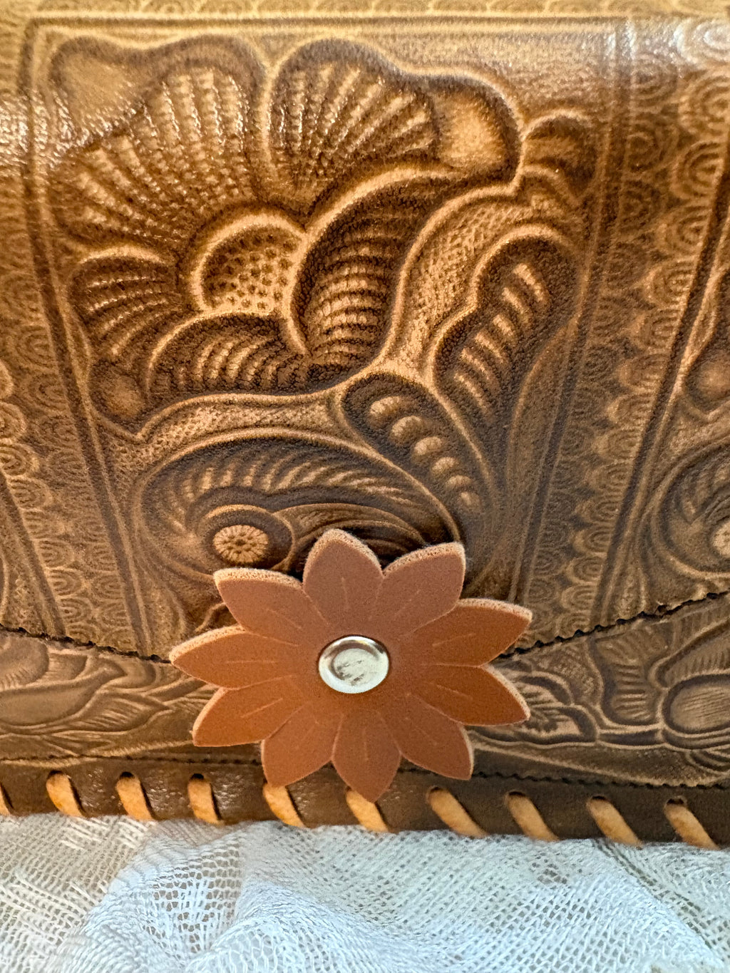 Brown Tooled Floral Leather Crossbody Purse