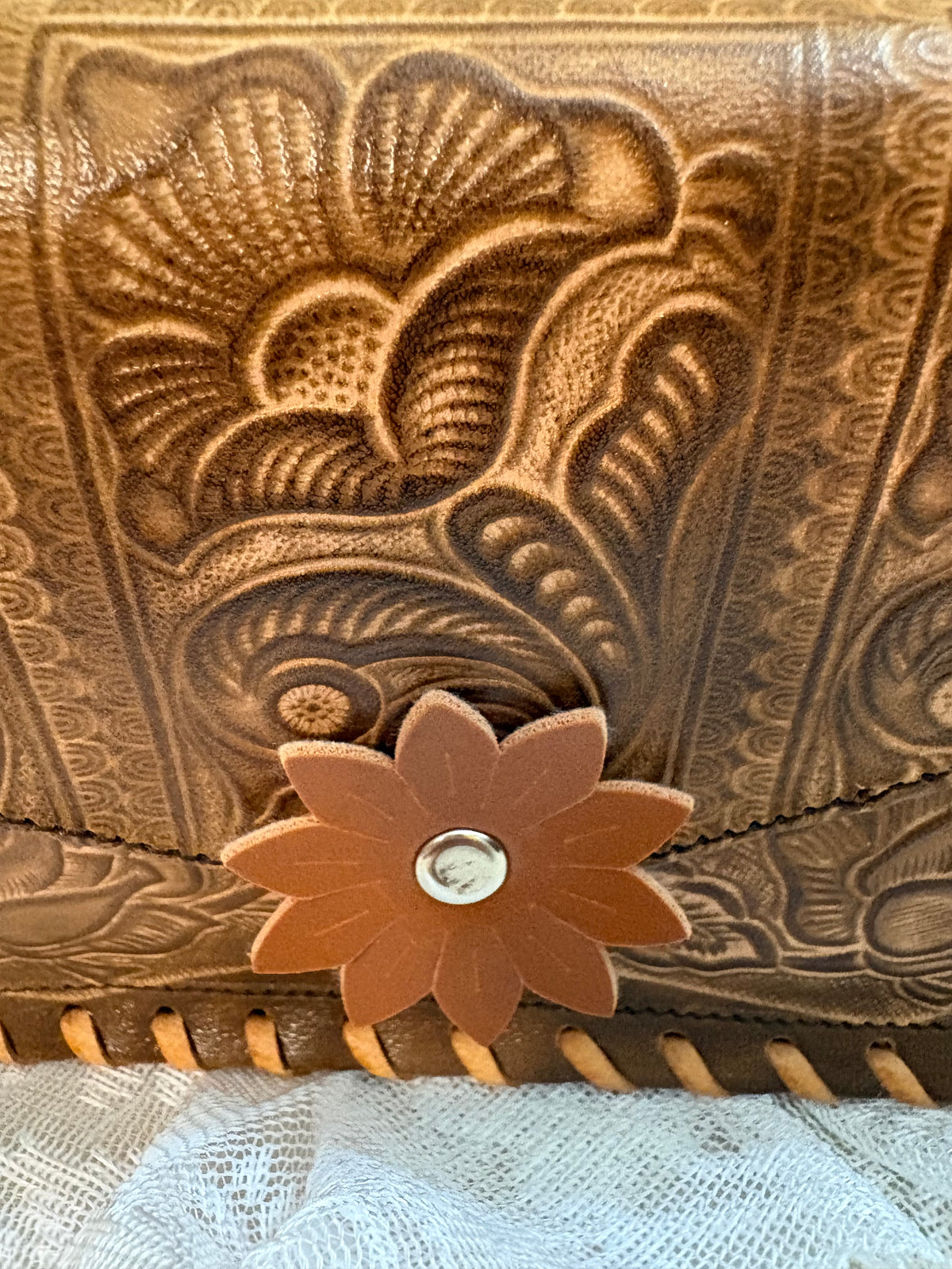 Brown Tooled Floral Leather Crossbody Purse